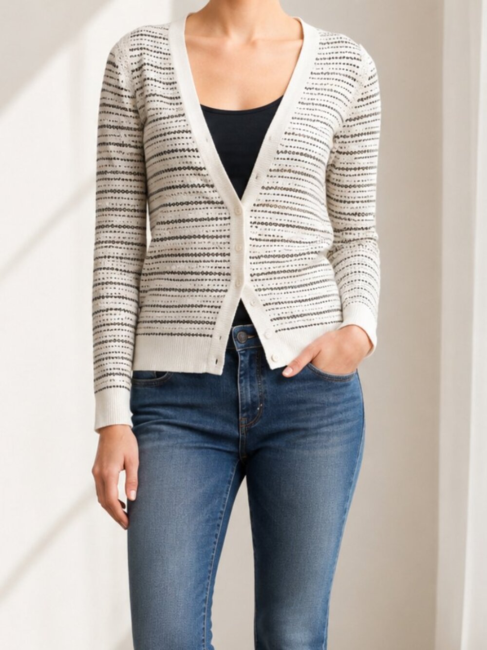 MNG Suit Sequin Stripe Cardigan Size XS | Cream Gold Silver Sparkle